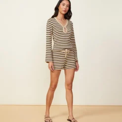 MONROW Linen Sweater Short ECRU/BLKSTRIPE Fashion